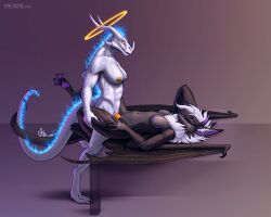 5:4 absurd_res andras angel anthro big_breasts blue_fire blue_flames breasts bry_(sillyderg) colored_fire dragon duo female fire genitals glowing glowing_genitalia glowing_penis gynomorph gynomorph_penetrating halo hi_res intersex intersex/female intersex_penetrating mythological_creature mythological_scalie mythology neck_tuft nipples non-mammal_nipples penetration penis scalie tuft vaginal_penetration virensere yellow_genital_slit yellow_genitals
