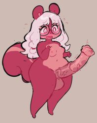 2023 animal_genitalia animal_penis anthro balls blush breasts digital_media_(artwork) eerieviolet equine_genitalia equine_penis erection eyewear genitals glasses gynomorph hair intersex long_hair looking_down mammal nipples nude open_mouth penis red_body red_eyes rodent round_glasses sciurid simple_background solo squirrel standing surprised tail tree_squirrel urethra valerie_(shortwings) white_hair wide_hips