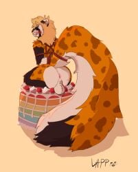 absurd_res anthro anus ass backsack balls big_tail black_body black_fur blonde_hair blush bondage bound cake cake_sitting dessert food food_fetish food_play fur genitals hair happy hi_res ictonychine lapp lapp_(artist) looking_back male mammal marbled_polecat mustelid musteline nude orange_body orange_fur piercing polecat_(mustelid) presenting presenting_hindquarters rear_view rope snaggle_tooth solo tail whisker_spots white_body white_fur