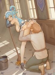 1boy anus aqua_(konosuba) artist_name ass barefoot bartolomeobari bent_over black_shoes black_sleeves blue_eyes blue_hair brown_hair bucket bucket_of_water commentary cunnilingus detached_sleeves english_commentary enmaided female hair_ornament hair_rings high_heels highres indoors kono_subarashii_sekai_ni_shukufuku_wo! legs long_hair maid maid_headdress mop nipples oral paid_reward_available planted_mop satou_kazuma shoes short_hair single_hair_ring sphere_hair_ornament standing standing_cunnilingus straight thighhighs white_thighhighs