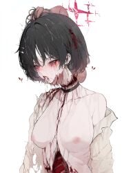 1boy 1girls absurdres after_fellatio after_oral after_orgasm after_rape after_sex black_choker black_hair blood blud_spine blue_archive breasts broken_halo censored choker corpse cum cum_in_mouth cum_string dead death decapitation disembodied_hand disembodied_hands disembowelment eroguro female gore guro halo heart highres makeup_running male medium_breasts misaki_(blue_archive) misaki_(swimsuit)_(blue_archive) mosaic_censoring necrophilia open_mouth purple_halo revision short_hair simple_background topless white_background