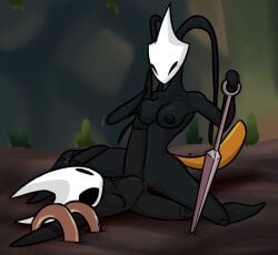 2025 antennae_(anatomy) anthro anthro_on_anthro arthropod artist_collaboration big_breasts black_antennae black_body black_exoskeleton black_eyes black_nipples blush bodily_fluids breasts duo exoskeleton female female/female genital_fluids genitals hi_res holding_object holding_weapon hollow_knight hollow_knight:_silksong hollow_knight_(franchise) hornet_(hollow_knight) junebug69 lesbian lesbian_sex lesbians nipples no_pupils orange_body orange_exoskeleton pussy sex shakra_(hollow_knight) silksong small_breasts team_cherry tribadism ultilix vaginal_fluids vaginal_penetration vulva weapon white_body white_exoskeleton yuri