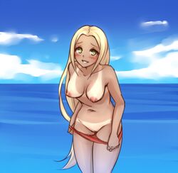 bad_id bikini_bottom bikini_pull bikini_tan blonde_hair blush breasts exhibitionism female green_eyes long_hair monorus navel nintendo nipples npc_trainer ocean pokemon pokemon_xy pussy revealing_pussy solo swimmer_(pokemon) swimmer_(pokemon_xy) tan tanline topless uncensored undressing very_long_hair