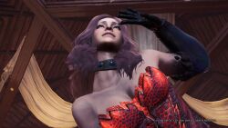 1080p bending_over breasts breasts_squeezed_together capcom choker_collar close-up collarbone demonlord_(armor) different_angle dominatrix elizabeth_(huntress) female first_person_perspective game_screenshot gloves glowing_armor goth_girl green_eyes huge_breasts hunter_(monster_hunter) indoors light-skinned_female long_hair monster_hunter monster_hunter_(series) monster_hunter_world oc part_of_a_set partially_clothed pinup posing_for_picture redhead_female tits_focus toned_arms toned_female vangis_(armor)