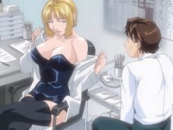 00s 1boy 1girls 2006 age_difference animated bare_shoulders bible_black bible_black_new_testament blonde_hair blue_eyes breasts brown_hair cleavage cross cross_earrings dress earrings female grin jewelry kitami_reika lab_coat large_breasts lipstick makeup male nurse off_shoulder older_female_and_younger_male plaster school_nurse school_nurse_and_student school_uniform shin_bible_black shirt short_hair smile tagme witch yamanishi_naoto