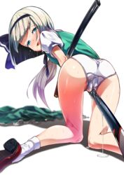 1girls absurdres ass cameltoe femcum_under_clothes frottage highres kneeling kozou20xx looking_at_viewer looking_back masturbation panties pussy_juice pussy_juice_puddle pussy_juice_trail saliva scabbard sheath skirt skirt_removed solo sweat sword tears touhou underwear weapon wet white_panties youmu_konpaku