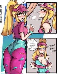 1boy 1girls back_view big_breasts blonde_hair blush blush_face blush_lines blushing_female brawl_stars breasts comic dialogue female female_focus gabri_art imminent_oral light-skinned_female light_skin long_hair looking_at_penis looking_at_viewer looking_away male melodie_(brawl_stars) panting pants penis penis_awe pump_it_melodie_(brawl_stars) side_view solo_focus spanish_text text text_bubble twitter_link visor_cap yellow_hair