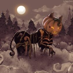 1girls all_fours anthro artist_name breasts catgirl claws creature detailed_background dirty epic_games fanart female female_only forest fortnite fortnite:_battle_royale full_moon glowing_eyes halloween halloween_costume heart-shaped_pupils highres jack-o'-lantern large_breasts monster monster_girl night outside pumpkin pumpkin_girl pumpkin_head skeleton_costume skeleton_markings solo spice_(fortnite) spooky suggestive supernatural tail tail_markings thick_thighs tight_bodysuit tight_clothing vine vines wytch