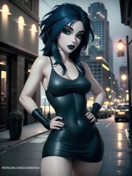 ai_generated blue_hair busty dress extreme_ghostbusters female female_focus female_only ghostbusters goth goth_girl hourglass_figure juandissa kylie_griffin long_hair pale-skinned_female pale_skin pinup pinup_pose short_dress skin_tight tagme wide_hips