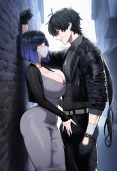 1boy 1girls ai_assisted ai_generated ass before_sex blue_hair blush breasts bulge bulge_through_clothing collarbone crossover dongtan_dress dress erection_under_clothes face_mask female genshin_impact gloves green_eyes huge_ass huge_breasts imminent_sex light-skinned_female light_skin male male_rover_(wuthering_waves) mask mihoyo mouth_mask multicolored_hair muscular muscular_male pinned pinned_to_wall rover_(wuthering_waves) sexually_suggestive submissive submissive_female surgical_mask thick_thighs thighs truck-kun_art truck_kun wuthering_waves yelan_(genshin_impact)