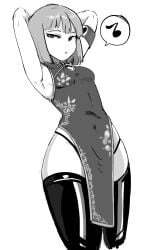 1girl 1girls 2d 2d_(artwork) armband armpits arms_behind_head artist_signature bare_shoulders chinese_clothes chinese_dress cookie_(touhou) digital_media_(artwork) exposed_thighs female female_focus geru_futota latex_thighhighs looking_at_viewer monochrome musical_note shavin65 short_hair simple_background sleeveless_dress slim_waist small_breasts solo_focus speech_bubble spoken_musical_note thighhighs thighs thong_straps