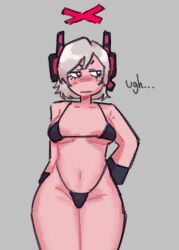 ... black_bra black_panties black_thong partially_clothed partially_nude thong white_hair white_skin