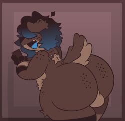anthro ass backsack balls ballsack big_butt black_nose blue_hair blue_tongue brown_body brown_fur canid canine canis domestic_dog freckled_butt freckles fur fur_tuft genitals hair hair_over_eyes hi_res holding_object male mammal open_mouth open_smile smile solo tail tongue tuft tunemon