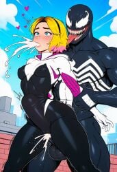1boy ai_generated bulge cum defeated defeated_heroine female fucked_by_villain fucked_from_behind fucked_silly gwen_stacy marvel prussia123 rape restrained rooftop rough_sex sex size_difference spider-gwen suspended tight_clothing venom venom_(marvel)