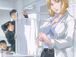 00s 1girls 2006 3boys age_difference animated belt bible_black bible_black_new_testament blonde_hair blue_eyes breasts brown_hair cross cross_earrings earrings female grin jewelry kitami_reika lab_coat large_breasts lipstick makeup male nurse older_female_and_younger_male purple_eyes school_nurse school_nurse_and_student school_uniform shin_bible_black shirt short_hair skirt smile tagme witch yamanishi_naoto