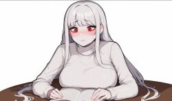 ai_generated blush book breasts breasts_bigger_than_head female ghost_girl large_breasts long_hair monster_tutor phanta_(monster_tutor) reading red_eyes simple_background slim_waist table white_background white_hair