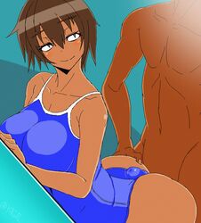 animated ass brown_hair buttjob clothes_penetration clothesjob female huge_ass looking_back male outercourse penis penis_under_clothes rubbing smile swimsuit yagal