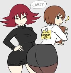 2girls ? ass ass_in_skirt back big_ass big_breasts big_butt black_shirt book breasts british_broadcasting_corporation brown_eyes brown_hair busty clueless collared_shirt curvaceous curvy curvy_female curvy_figure dialogue english_text fat_ass female female_focus female_only green_eyes hand_on_hip hi_res high_resolution highres history_teacher_(lowgradef) holding_book holding_object huge_ass huge_butt kick_me large_ass large_breasts light-skinned_female light_skin long_hair lowgradef_(copyright) math_teacher_(lowgradef) mature mature_female medium_hair milf multiple_females multiple_girls note note_on_back oblivious prank red_hair simple_background skirt speech_bubble tagme text thick_thighs thighs turtleneck turtleneck_sweater unaware voluptuous voluptuous_female white_shirt ytrall