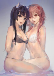 2girls black_eyes black_hair bra brown_eyes brown_hair cleavage female female_only guilty_crown headgear hjl lingerie long_hair multiple_girls navel nipples open_mouth panties see-through sitting