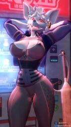 absurd_res anthro ass athletic athletic_anthro athletic_female athletic_humanoid big_breasts big_butt breasts cleavage clothed clothing ear_piercing erect_nipples female fur genitals glowing glowing_eyes hair hi_res humanoid looking_at_viewer looking_back low-angle_view mammal murid murine nipples officer_flint officer_flint_(foresttherotten) open_mouth outside partially_clothed pawpads paws piercing pussy rat rat_tail red_eyes rodent samtrix smile solo tail thick_thighs tongue tongue_out translucent translucent_clothing vulva white_body white_fur white_hair