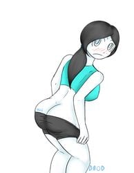 1girls ass back blush breasts dinobirdofdoom embarrassed from_behind grey_hair large_breasts pants_pulled_down ponytail solo super_smash_bros. text tied_hair undressing white_background wii_fit wii_fit_trainer