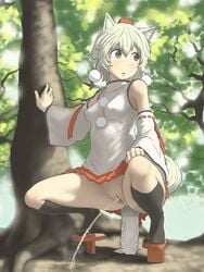 animal_ears black_legwear detached_sleeves female forest fundoshi fundoshi_aside furemani geta grey_eyes hat highres kneehighs looking_away looking_to_the_side momiji_inubashiri nature peeing pom_pom_(clothes) pubic_hair pussy ribbon-trimmed_sleeves ribbon_trim silver_hair small_breasts solo spread_legs squatting sweatdrop tail tengu-geta tokin_hat touhou uncensored wolf_ears wolf_tail