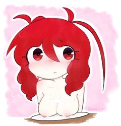 big_breasts blush breasts cum cum_on_breasts female funamusea lobco naked naked_female plat plate red_eyes red_hair shy table wadanohara_and_the_great_blue_sea