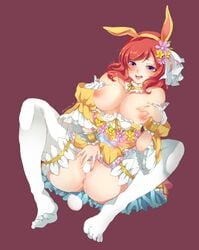 animal_ears areolae blush bottomless breasts breasts_out bunny_ears egg egg_laying female highres kyo-usa kyousa38 large_breasts love_live! love_live!_school_idol_project lying nipples nishikino_maki on_back open_mouth purple_eyes red_hair saliva solo spread_legs sweat uncensored