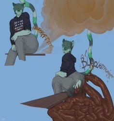 2_anuses anthro anus black_clothing black_hoodie black_topwear blue_background bottomwear clothing domestic_cat english_text excessive_feces fart fart_cloud feces feces_on_body feces_on_butt feces_on_ground feces_on_tail feces_pile felid feline felis fur green_body green_fur green_hair grey_bottomwear grey_clothing grey_pants hair hair_over_eyes heart_symbol hi_res hoodie hyper hyper_fart hyper_feces hyper_feces_pile hyper_scat hyper_soiling intentional_soiling male male_farting male_pooping mammal markings multi_anus open_mouth pants pooping_on_floor raised_tail scat scatplay simple_background sitting soiled_bottomwear soiling soiling_pants solo sound_effects stinkybuns striped_body striped_fur striped_markings striped_tail stripes tail tail_markings text text_on_clothing text_on_hoodie text_on_topwear topwear torn_bottomwear torn_clothing torn_pants whisker_spots