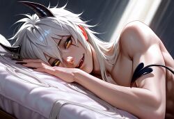 ai_art ai_generated aludir_(felixabyss) claws demon demon_boy demon_femboy demon_horns demon_tail devil devil_tail dominant dominant_femboy fangs felixabyss femboy heart_tail incubus lithe long_nails original_character pointy_ears seductive sexy sharp_teeth smile solo tall_femboy tongue white_hair yandere yandere_eyes yellow_eyes