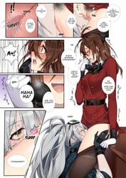 2girls aek-999_(girls'_frontline) ahoge blush breasts brown_eyes brown_hair comic cunnilingus deathalice english_text eyebrows_visible_through_hair female_commander_(girls'_frontline) girls'_frontline gloves hair_between_eyes heart highres jacket licking long_hair looking_at_partner moaning multiple_girls oral pubic_hair pussy pussy_juice saliva shaking shirt spread_legs tongue very_long_hair yellow_eyes yuri