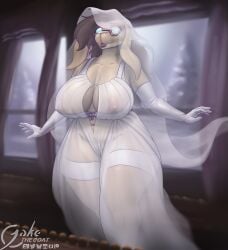 anthro areola armwear biped bovid breasts brown_hair caprine clothing detailed_background eyewear female genitals glasses goat hair hi_res inside jakethegoat legband mammal mature_female mother_kate_(jakethegoat) navel nipples pussy solo standing thick_thighs thighband translucent translucent_clothing vulva white_clothing window