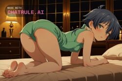 1boy ai_assisted ai_generated all_fours anime_screenshot barefoot candle_light candles covered_erect_nipples dark_room full_body green_shorts green_vest half_closed_eyes highres hotel_room leotard lloyd_de_saloum looking_at_viewer looking_back_at_viewer night on_all_fours on_bed parted_lips shy simple_background small_ass small_breasts soles solo upper_body viewed_from_behind white_background window