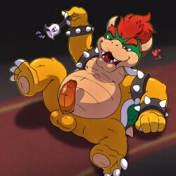 argon_vile balls bell belly bowser bracelet claws erection genitals hair heart_symbol hi_res internal jewelry koopa male male_only mario_bros nintendo nipples overweight penis red_hair scalie shell spiked_bracelet spiked_shell spikes spikes_(anatomy) toe_claws tongue yellow_body