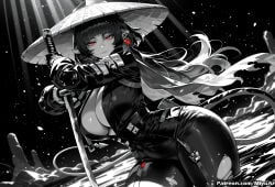 1girl ai_assisted ai_generated bangs belt bodysuit breasts cleavage closed_mouth cowboy_shot curvaceous curvy curvy_female curvy_figure female gloves hat holding holding_sword jane_doe_(zenless_zone_zero) katana large_breasts long_hair looking_at_viewer miyuai monochrome outdoors red_eyes sheath smile solo standing sword thick thick_ass thick_butt thick_hips thick_legs thick_thighs torn_clothes torn_legwear umbrella very_long_hair voluptuous voluptuous_female weapon wide_hips wide_thighs zenless_zone_zero