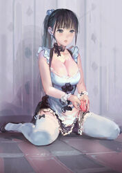 1girls apron black_hair blush breasts choker cleavage dress female female_only hair hjl large_breasts maid maid_headdress ponytail ribbon sex_toy sitting solo thighhighs tied_hair vibrator