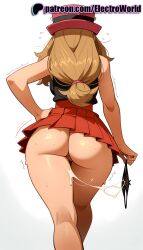 1girls 2025 ai_generated artist_name ass ass_hanging_out ass_hanging_out_of_skirt black_panties brown_hair cum electroworld female flying_sweatdrops hi_res high_quality high_resolution highres holding holding_clothes panties panties_removed patreon patreon_username pokemon red_skirt serena_(pokemon) skirt sleeveless solo stable_diffusion trembling underwear watermark