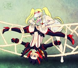 2girls armor ball ball_gag bikini_armor black_hair black_panties blonde_hair blue_eyes blush bondage boots breasts cunnilingus female female_only gag hakodate_omiko hanging_breasts high_heel_boots high_heels hourglass_figure kill_la_kill long_hair long_tongue matoi_ryuuko microskirt multicolored_hair multiple_girls my_pet_tentacle_monster oral oversplit panties panties_aside pussy pussy_juice red_hair restrained saliva scope senketsu sharp_teeth short_hair skirt splits spread_legs spreading sweat tennis_ball thigh_boots thighhighs tongue tongue_out two_tone_hair uncensored underwear upside-down visor_cap wristband yuri