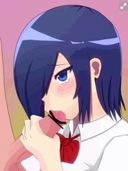 1boy 1girls animated blue_eyes blue_hair fellatio female hair_over_one_eye handjob kirishima_touka male oral penis tokyo_ghoul