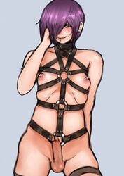 1boy 2n5 blush bondage cute_male ear_piercing earrings erection femboy girly hair_over_one_eye hormone_breasts lip_piercing male male_only mikel-kun nipple_piercing nipples original penis piercing purple_hair short_hair solo standing sweatdrop testicles trap uncensored