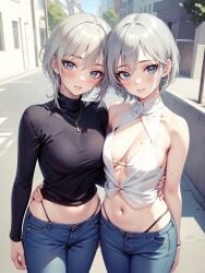 2girls ai_generated anastasia_(idolmaster) blue_eyes female female_only silver_hair tagme