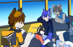 blue_fur blue_sky blush bottomless brown_eyes brown_fur brown_hair bus canine closed_eyes clothed clothing cute_fangs foreskin fox fur grey_fur group headband hoodie humanoid_penis male_only mammal mouse oral orange_fur penis public public_sex purple_eyes recording rodent school_bus sky teal_eyes uncut white_fur whiteleo