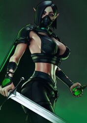 1girls 3d 3d_(artwork) 3d_model 3d_render armwear ass bare_midriff belly belly_button belt big_ass big_breasts black black_hair black_heels black_high_heels black_legwear bob_cut breasts cape cleavage cleavage_cutout curvaceous curvy curvy_female curvy_figure elf elf_ears eyebrows eyeliner female female_focus female_only fit fit_female gloves green_eyes half_mask highres holding holding_object holding_sword holding_weapon light-skinned_female light_skin lips long_legs mask masked masked_female midriff mouth_mask pants potion purple_eyeshadow reflection seductive seductive_eyes seductive_look sfrinzy skimpy slim_waist solo solo_female solo_focus sword thick thick_ass thick_butt thick_thighs thighhighs thighs tight_clothes tight_clothing top topwear valorant viper_(valorant) voluptuous voluptuous_body voluptuous_female weapon wide_hips