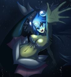 1girls blue_eyes blue_hair bra clothing female giga_mermaid green_body green_skin hair hi_res humanoid looking_at_viewer marine merfolk navel open_mouth seashell_bra shantae solo sonicboom30813 split_form underwater underwear water wayforward