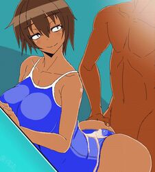 animated ass big_ass big_breasts brown_hair buttjob clothes_penetration clothesjob cum cum_on_ass cum_through_clothes ejaculation female huge_ass looking_back male outercourse penis penis_under_clothes plump_ass rubbing smile swimsuit tan_body tomboy voluptuous_female yagal