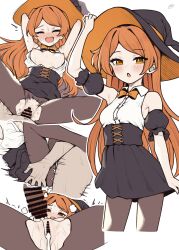 1boy :o after_sex after_vaginal arm_up bar_censor binsen black_skirt black_sleeves blush bow bowtie breasts breasts_out brown_pantyhose censored closed_eyes cowboy_shot cum cum_in_pussy detached_sleeves female halloween_costume hat high-waist_skirt highres idolmaster idolmaster_million_live! long_hair looking_at_viewer male missionary multiple_views nipples ogami_tamaki open_mouth orange_bow orange_bowtie orange_eyes orange_hair pantyhose penis puffy_detached_sleeves puffy_sleeves pussy sex shirt simple_background skirt sleeveless sleeveless_shirt standing straight torn_clothes torn_pantyhose vaginal_penetration white_background white_shirt witch witch_hat