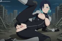 ai_generated anus blue_hair blush bodysuit breasts breasts_outside building city digitalwaifugallery female female_only gloves hi_res high_quality high_resolution kaiju_no.8 large_breasts looking_at_viewer nipples outdoors patreon pussy seductive sexy shinonome_rin short_hair solo torn_clothes uncensored watermark