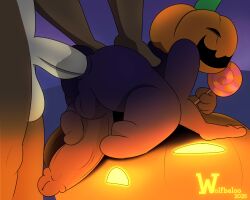 anal anal_sex animal_crossing anthro anthro_penetrated backsack balls ballsack bodily_fluids candy canid canine canis dessert digby_(animal_crossing) digital_media_(artwork) domestic_dog duo erection food for_a_head fruit genital_fluids genitals halloween hand_on_butt hi_res holidays jack-o'-lantern jack_(animal_crossing) lollipop looking_at_viewer male male/male male_penetrated male_penetrating male_penetrating_male mammal nintendo nude object_head penetration penile penile_penetration penis plant pumpkin pumpkin_head sex shih_tzu simple_background toy_dog wolfbaloo