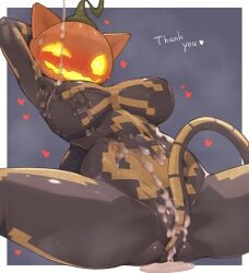arm_behind_head black_bodysuit bodysuit breasts commentary covered_navel cum cum_on_body cum_on_breasts cum_on_clothes english_commentary english_text female fortnite grey_background halloween highres jack-o'-lantern_head large_breasts shaolin_bones shourin_bonzu sitting spice_(fortnite) spread_legs tail thank_you