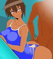 animated ass brown_hair buttjob clothes_penetration clothesjob cum cum_on_ass cum_through_clothes ejaculation female huge_ass looking_back male outercourse penis penis_under_clothes rubbing smile swimsuit yagal